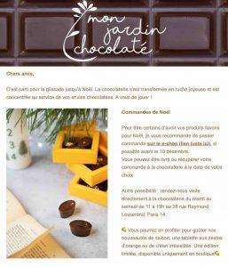 newsletter avec une photo d'une boîte ouverte de 12 chocolats individuels pralinés